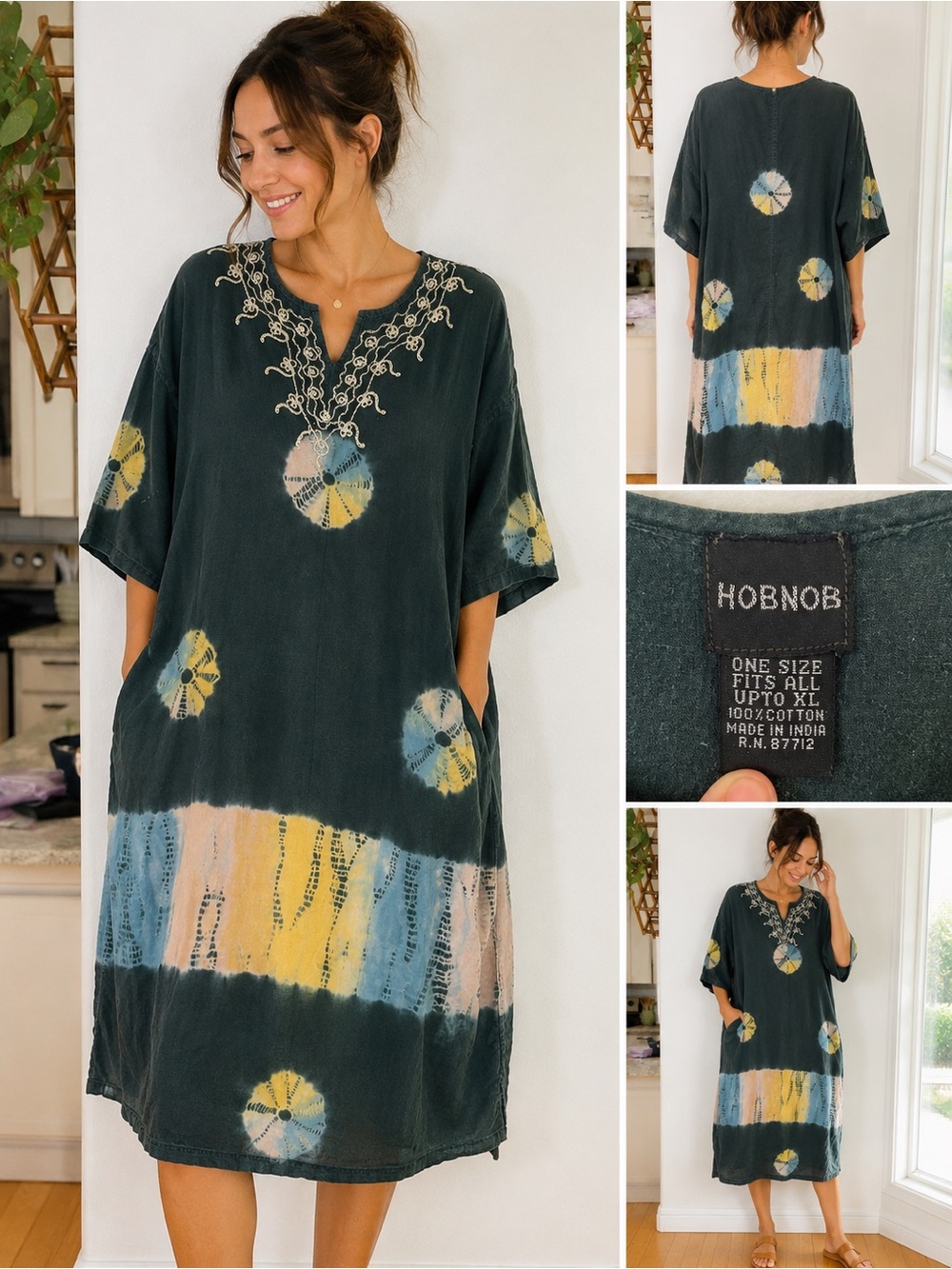 HOBNOB Tie Dye Embroidered Cotton Midi‎ Dress One Size